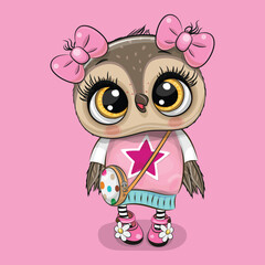 Cute Baby Owl with Big Eyes and Pink Outfit Cartoon Illustration