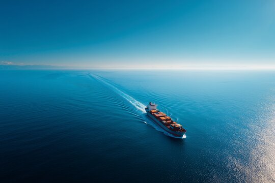 A high-quality aerial drone shot of a cargo ship sailing on the open sea at sunrise.