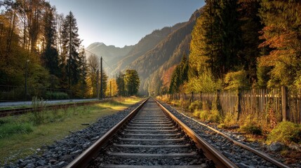 Fototapeta premium Autumn railroad track through forest