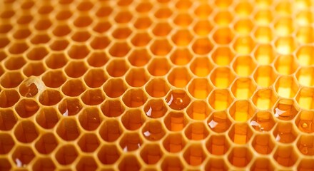 Detailed honeycomb structure brimming with golden honey and rich textures