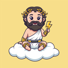Cute Cartoon  Zeus on a Cloud Holding a Lightning Bolt. vector illustration