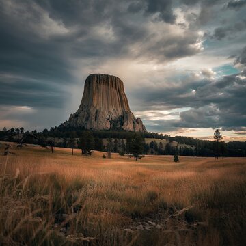 Golden Hour at Devils Tower with Dramatic Sky