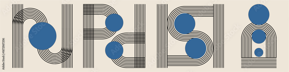 Poster stripe bend line art with round circle abstract minimal element mid century vector for retro aesthet