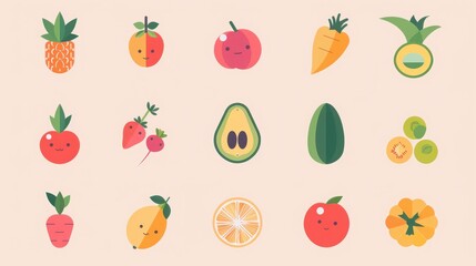 Colorful fruit and vegetable illustrations arranged in a grid on