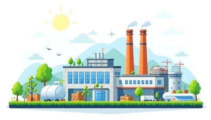 Fototapeta premium An illustrated factory emitting smoke with sunny weather 