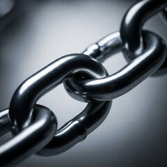 A Close Up Macro Photograph of a Strong Shiny Metal Industrial Chain Section Revealing its Durable Interlocking Links and Texture in a Dramatic Moody Lighting Setup