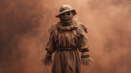Fototapeta premium Eerie Scarecrow Figure in Foggy Atmosphere with Dark Brown Tones and Rustic Details