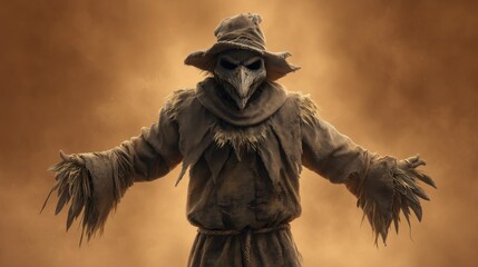 Fototapeta premium Mysterious Scarecrow with Dramatic Background and Eerie Atmosphere in a Harvest Landscape