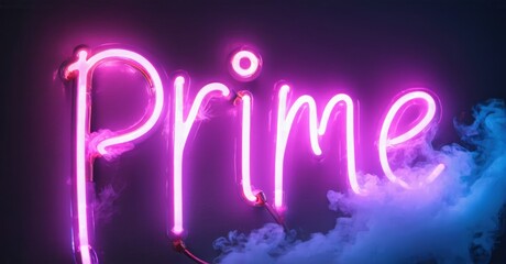 Bright pink neon sign spells Prime. Smoke drifts around glowing script. Dark background enhances vibrant illumination.