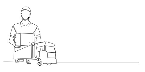 Continuous one line drawing of delivery man holding package with cargo truck. Minimalist vector illustration symbolizing logistics, shipping, transportation, courier service, and supply chain.