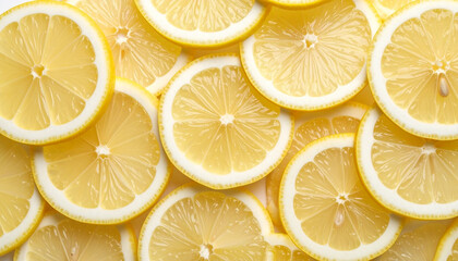 Fresh lemon slices arranged in overlapping pattern create vibrant yellow citrus background, evoking refreshing and lively mood for summer or food concepts
