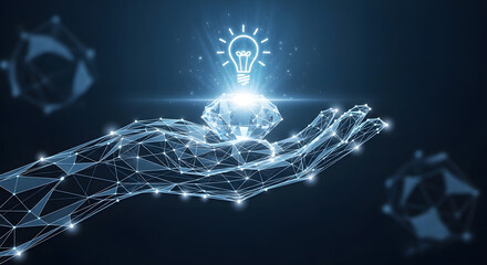 Digital Innovation: A Futuristic Hand Presenting a Brilliant Idea, Symbolized by a Glowing Light Bulb and Diamond, Showcasing Technological Advancement and Creative Solutions in the Digital Age
