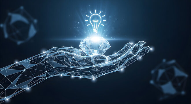 Digital Innovation: A Futuristic Hand Presenting a Brilliant Idea, Symbolized by a Glowing Light Bulb and Diamond, Showcasing Technological Advancement and Creative Solutions in the Digital Age