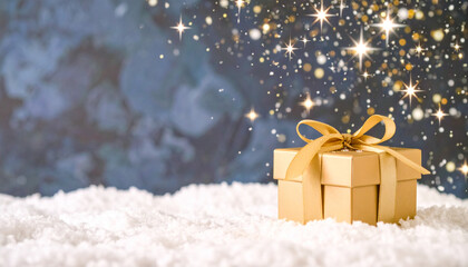 Golden gift box with ribbon sits on sparkling snow, surrounded by glowing lights and festive atmosphere, perfect for holiday celebration, winter event, or luxury present concept