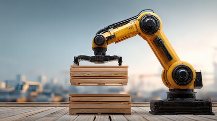 Robotic Arm Lifting Wooden Crates in Industrial Environment with Modern Buildings in Background