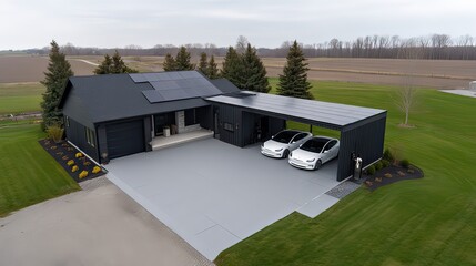 Modern Black House with Solar Panels and Two White Electric Cars in a Rural Setting