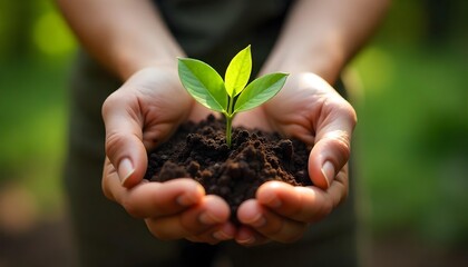 Hands gently holding a small plant with soil, symbolizing gardening and the importance of soil health and conservation