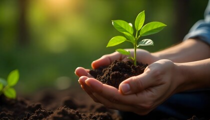 Close-up of hands cradling a small plant in rich soil, highlighting sustainable agriculture and the significance of soil health