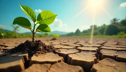 A tree thrives in cracked earth, with sunlight streaming down, emphasizing the importance of soil conservation and ecological balance