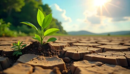 A tree grows from dry, cracked soil under bright sunlight, representing resilience and the importance of soil health and conservation