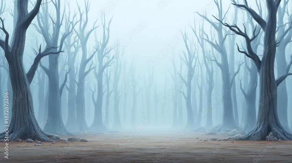 Poster mysterious foggy forest with leafless trees creating an eerie atmosphere for adventure and explorati
