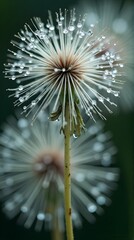 Naklejka premium Delicate dandelion seedhead glistening with fresh morning dew drops reflecting light in a peaceful garden scene