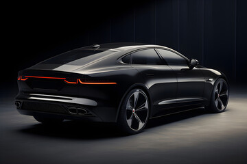 Black luxury sport car in a dark studio. Performance vehicle with elegant design. Modern automobile for high end advertisement.