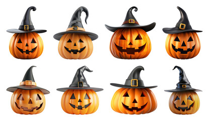 PNG Halloween pumpkins with witch hats, element set on transparent background