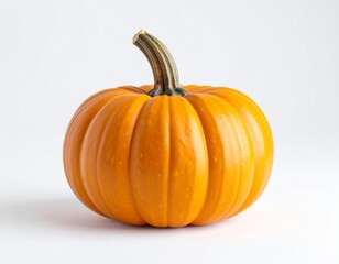 Obraz premium A single, ripe, orange pumpkin with a curved stem, isolated against a plain white background.