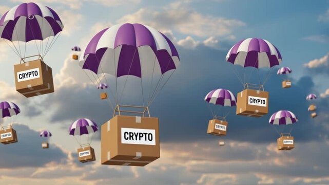 Crypto Currency Airdrops Boxes Parachuting from Sky, Representing Financial Technology, Digital Assets, and Investment Opportunities with Cloud Background