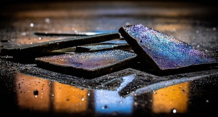 Broken ceramic tiles on a gritty surface