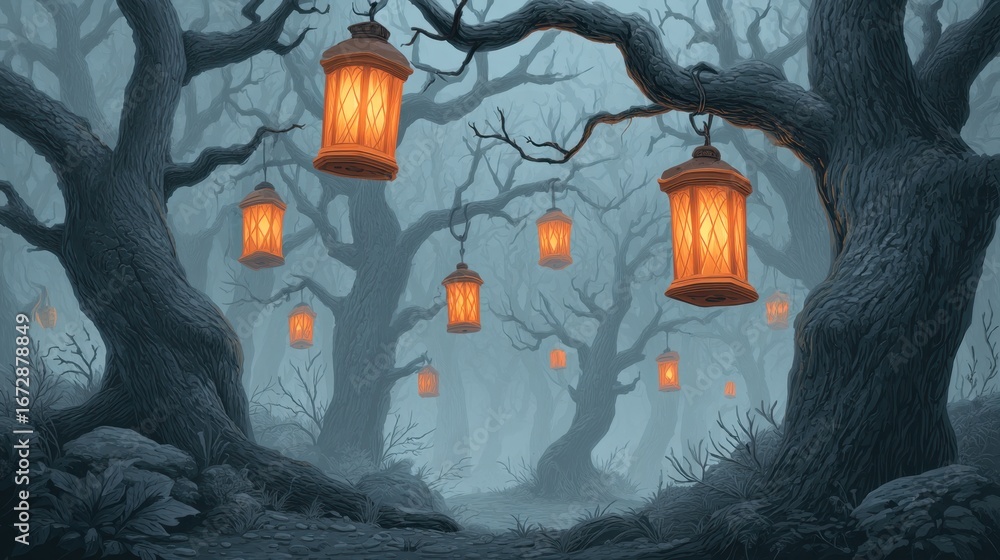 Poster enchanted forest with glowing lanterns in a misty twilight setting