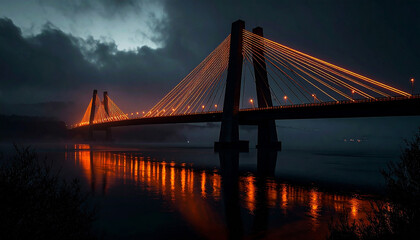 Obraz premium Majestic illuminated cable stayed bridge over calm water on a cloudy night.