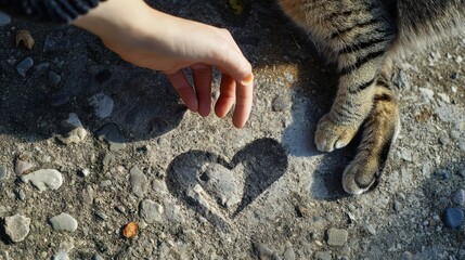 Heart shadow drawing on pavement with hand and cat paw