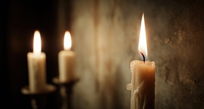 Three candles, warm light, dark background