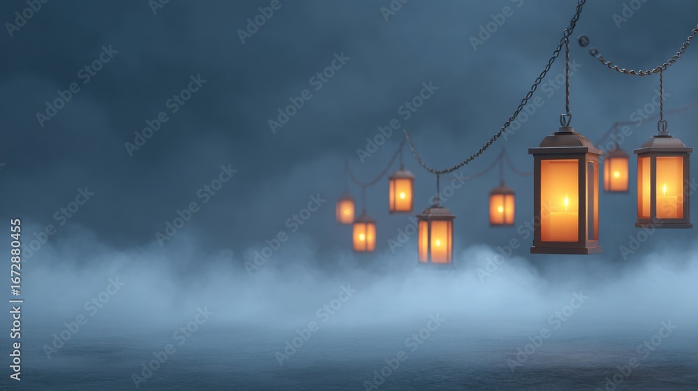 Poster glowing lanterns hanging in misty atmosphere with mysterious fog and dark moody background