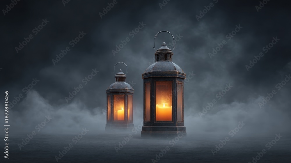 Poster mystical lanterns in the fog with soft glow and atmospheric lighting effects for enchanting nighttim