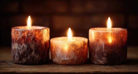 Three lit candles on a wooden surface, warm tones