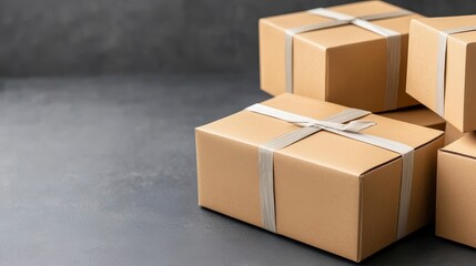 Fototapeta premium Brown Craft Boxes with Ribbons on Dark Background for Packaging Needs
