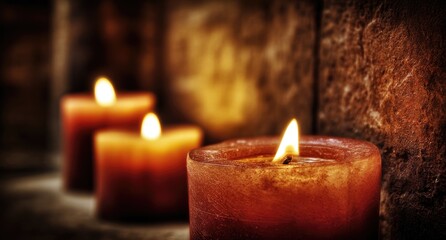 Warm, flickering candles against a rustic wall