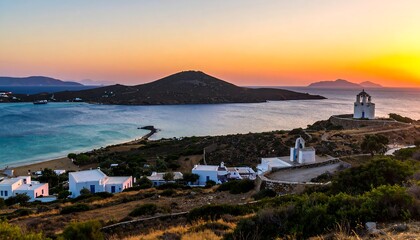 Fototapeta premium Serene Greek Islandscape at Sunset: A Captivating View of Church and Tranquil Coastline