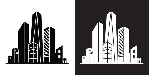 Fototapeta premium Minimalist building logo design in black and white, modern cityscape icon with skyscrapers and office buildings, simple city skyline silhouette for architecture and real estate branding.