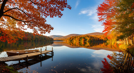 Serene autumnal vista featuring vibrant foliage mirrored in the tranquil waters of a mountain lake graced by a rustic wooden dock and gently moored boat providing a picturesque scene of fall's