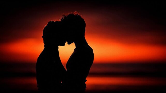 Romantic gay couple kissing at sunset on the beach in silhouette