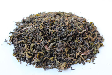 Close-up of dried oolong tea leaves