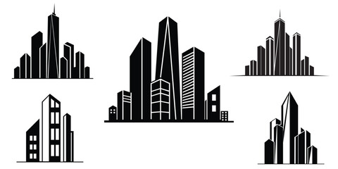 Fototapeta premium Collection of types of silhouettes of modern skyscrapers and office buildings, black and white city skyline illustrations, minimalist urban architectural designs for real estate branding, business and