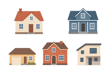 A set of six different flat vector illustrations of various houses, homes, and residential buildings on a white background.