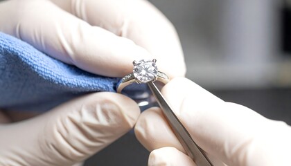 Jewelry repair. Hands in gloves cleaning a diamond ring