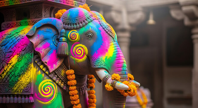 Vibrant painted elephant statue adorned with marigolds, positioned at a temple.