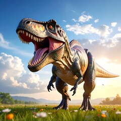 Fototapeta premium A fearsome dinosaur roars, standing in a vibrant field at sunset